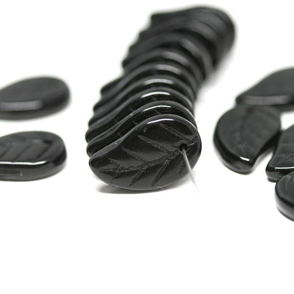 14x9mm Black Czech glass leaves Jet Black pressed leaf beads - 20pc