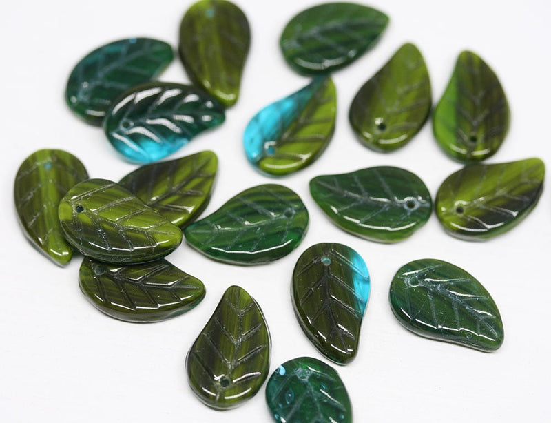 20pc Green Czech glass leaves, Teal green mixed color - 14x9mm