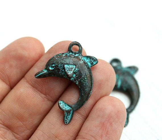 2pc Dolphin charms, Copper Green patina 27mm