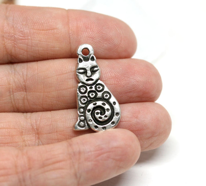 Antique Silver cat pendant bead Double sided