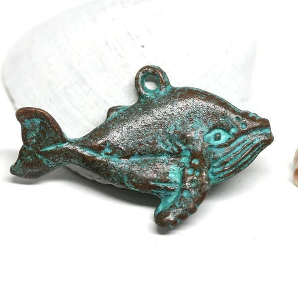 Large Whale pendant bead Green patina