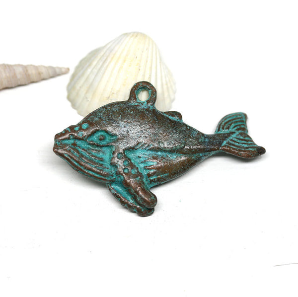 Large Whale pendant bead Green patina
