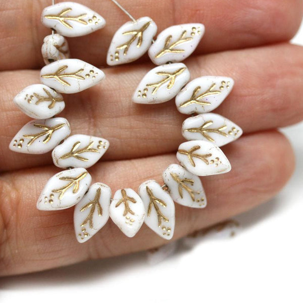 10x6mm White leaf beads Gold inlays Czech glass leaves - 40Pc