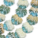 11x13mm Mixed blue glass beads White inlays Czech beads Maple leaves - 10pc