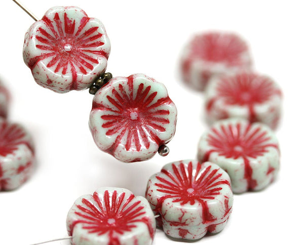 14mm Red pansy flower czech glass beads pale grey daisy - 6Pc