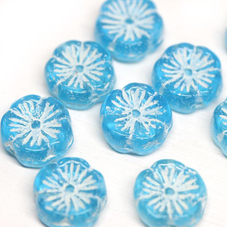 12mm Blue Pansy flower glass beads aqua blue white inlays - 10pc