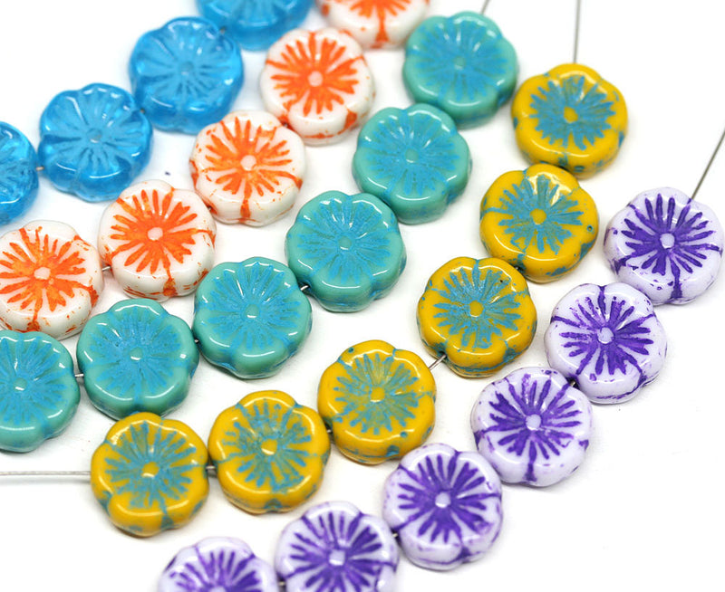12mm Amber Yellow Pansy flower beads Czech glass Blue inlays daisy Hawaiian flower - 10pc