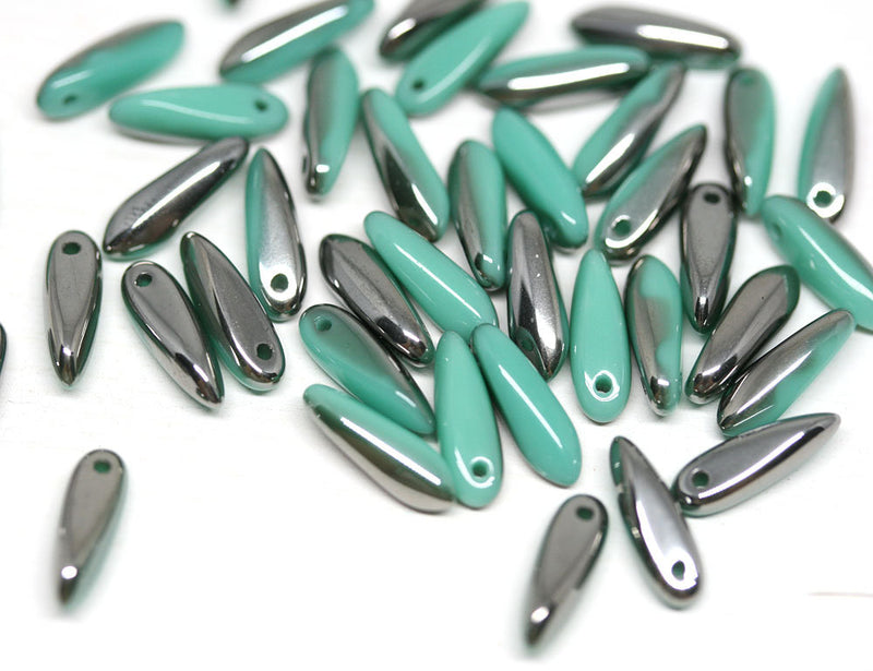 40pc Turquoise green Metallic gray Dagger Czech glass beads Dark gray luster - 3x11mm