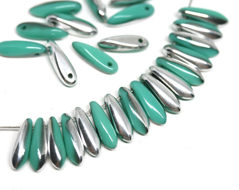 40pc Turquoise green Silver metallic Dagger Czech glass beads - 3x11mm