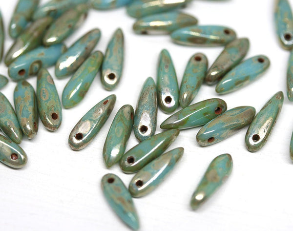 40pc Turquoise green Picasso luster Dagger Czech glass beads - 3x11mm