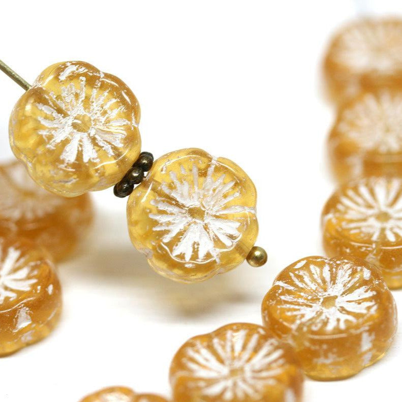 12mm Yellow Pansy flower beads Czech glass Amber Yellow white inlays daisy - 10pc