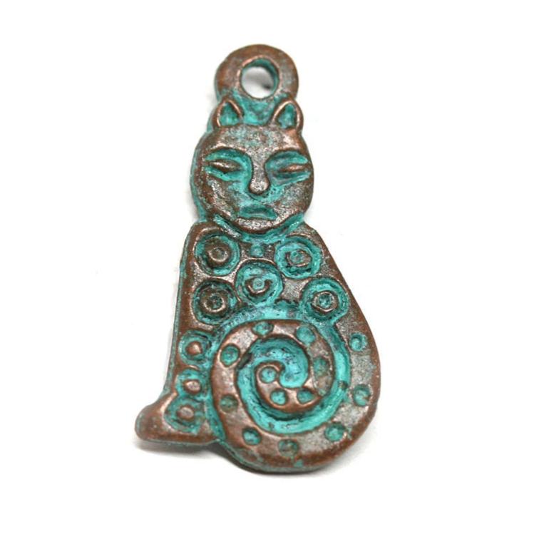 Green patina copper cat pendant bead Double sided