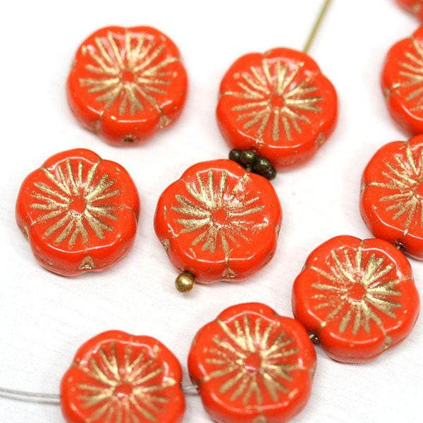12mm Orange Pansy flower Czech glass beads Gold wash - 10pc