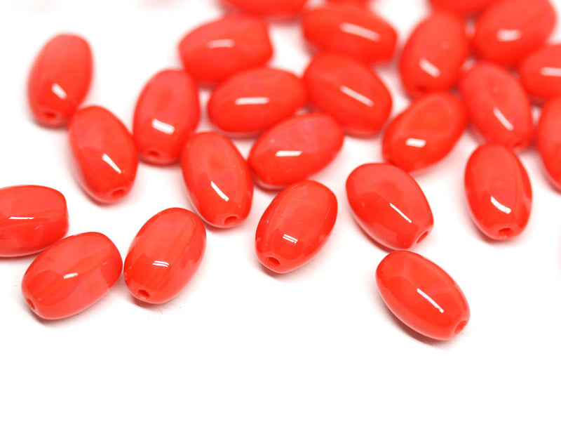9x6mm Coral Red oval Czech glass pressed barrel rice beads 30pc