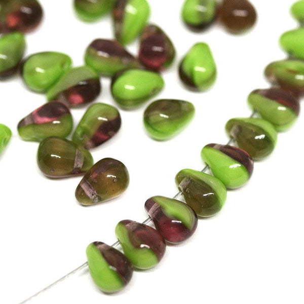 4x6mm Green purple glass drops, Czech glass green small teardrops - 50Pc