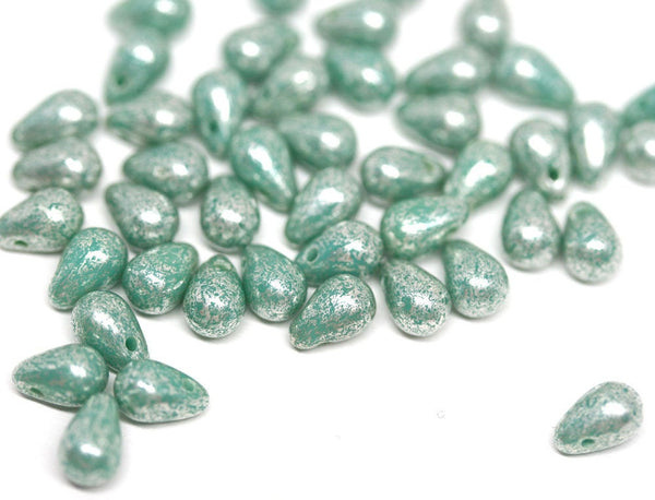 4x6mm Turquoise green teardrop beads Silver flakes Tiny czech glass - 50Pc