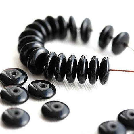 7mm Black rondelle beads czech glass Jet Black spacers - 50pc