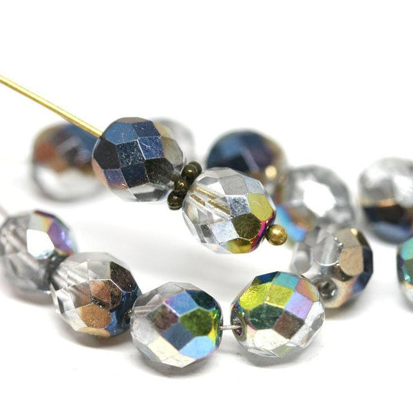 8mm Crystal Clear AB finish glass Vitrail czech fire polished faceted beads - 15pc