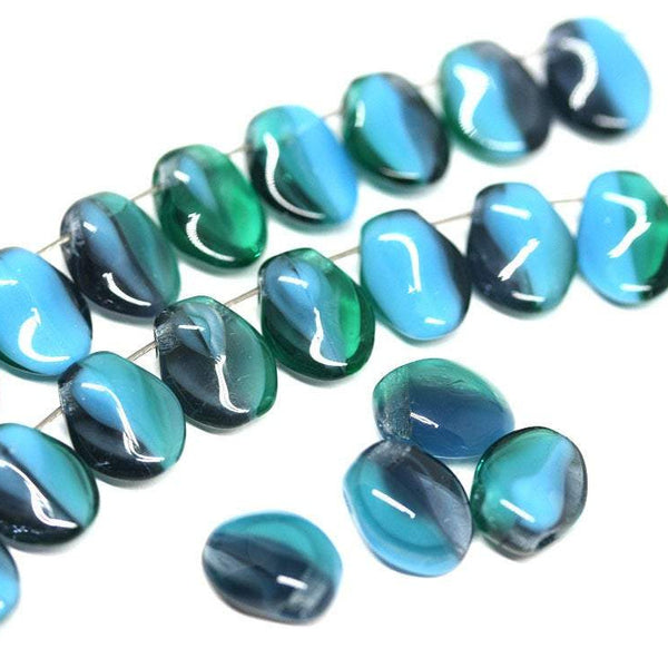 30Pc Mixed Blue petal drop beads, Green Blue Czech glass flower - 6x8mm