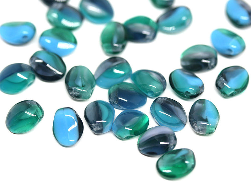 30Pc Mixed Blue petal drop beads, Green Blue Czech glass flower - 6x8mm