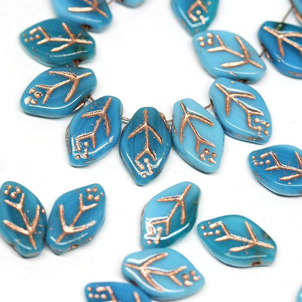 12x7mm Blue leaf beads Czech glass pressed leaves - 25pc