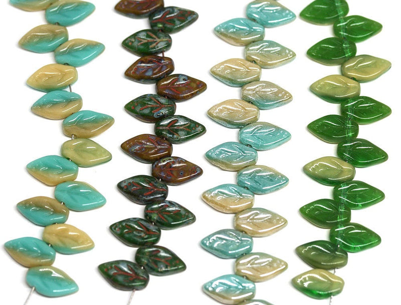 10x6mm Green Brown leaf Czech glass beads - 40Pc
