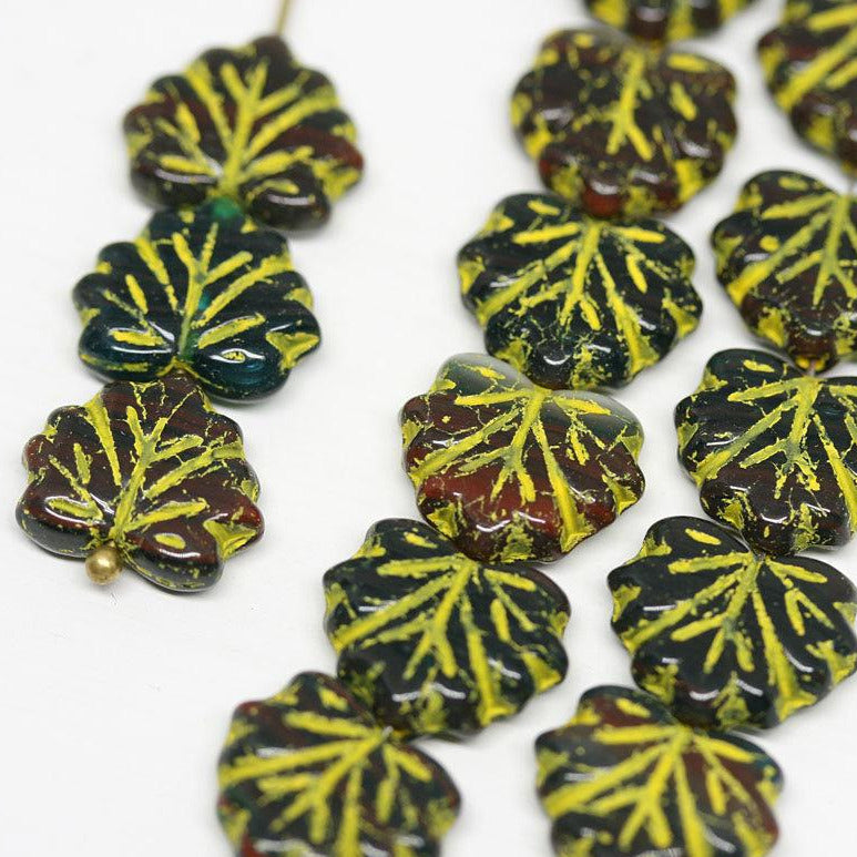 11x13mm Czech glass Maple leaves, Dark mixed color Yellow inlays pressed beads - 10Pc