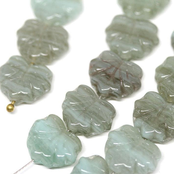 11x13mm Light green gray Czech glass Maple leaves pressed beads - 10pc