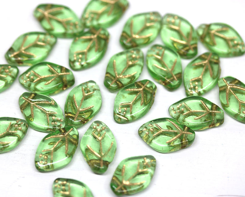 12x7mm Green leaf beads Golden inlays Czech glass pressed, 30Pc