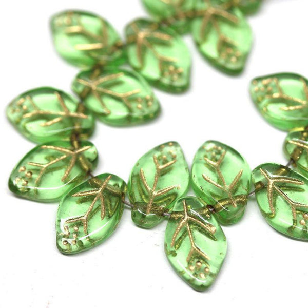 12x7mm Green leaf beads Golden inlays Czech glass pressed, 30Pc