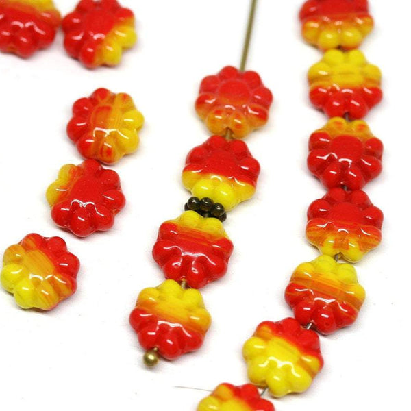 9mm Red Yellow Flower beads czech glass flat daisy - 20Pc