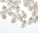 10x6mm White leaf beads Gold inlays Czech glass leaves - 40Pc