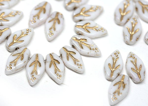 10x6mm White leaf beads Gold inlays Czech glass leaves - 40Pc