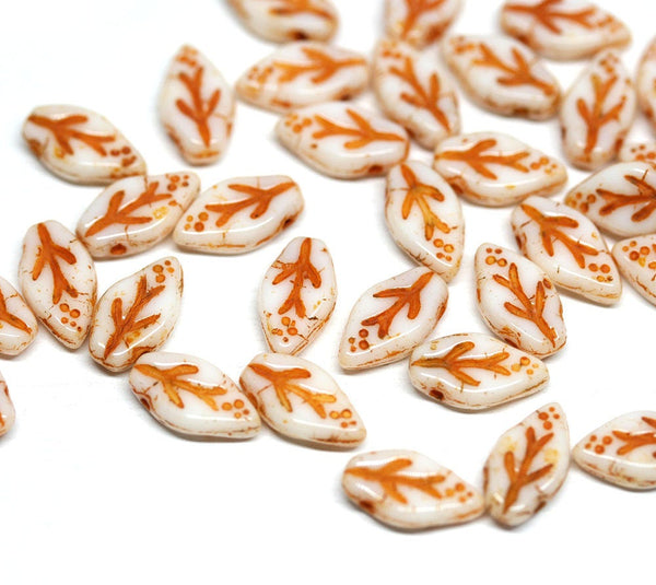 10x6mm White leaf beads Orange inlays Czech glass pressed leaves - 40Pc
