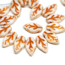 10x6mm White leaf beads Orange inlays Czech glass pressed leaves - 40Pc