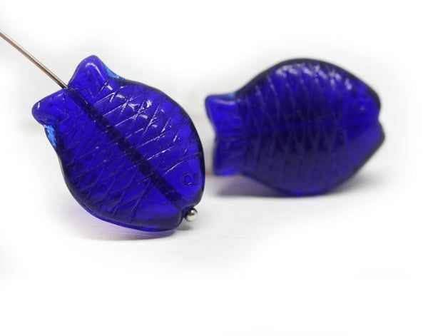 2Pc Large fish beads Dark blue Czech glass animal pressed beads