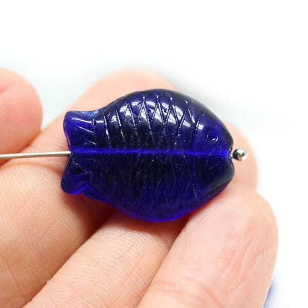 2Pc Large fish beads Dark blue Czech glass animal pressed beads
