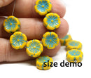 12mm Yellow Pansy flower beads Czech glass Amber Yellow white inlays daisy - 10pc