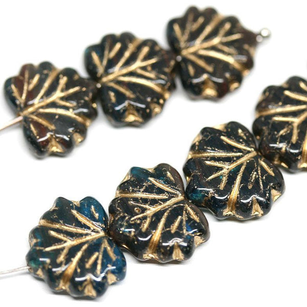 11x13mm Dark teal black leaf beads Golden inlays Czech glass Maple leaves - 10Pc