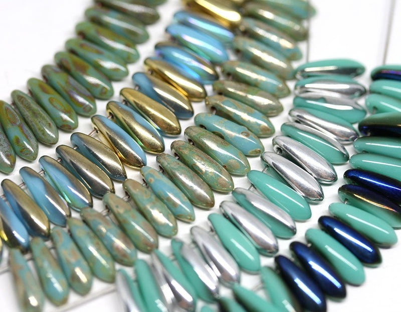 40pc Turquoise green Picasso finish Dagger Czech glass beads - 3x11mm