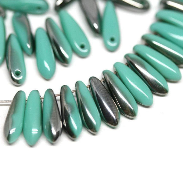 40pc Turquoise green Metallic gray Dagger Czech glass beads Dark gray luster - 3x11mm