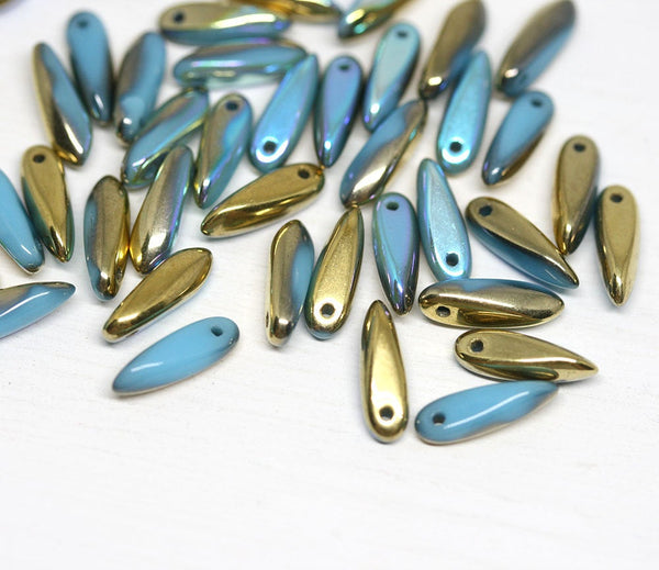40pc Turquoise blue Dagger Czech glass beads Gold luster Blue Golden - 3x11mm