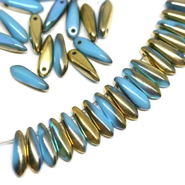 40pc Turquoise blue Dagger Czech glass beads Gold luster Blue Golden - 3x11mm