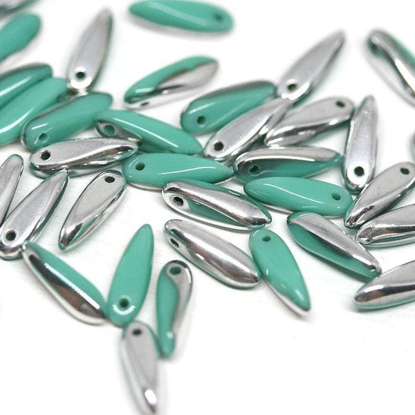 40pc Turquoise green Silver metallic Dagger Czech glass beads - 3x11mm