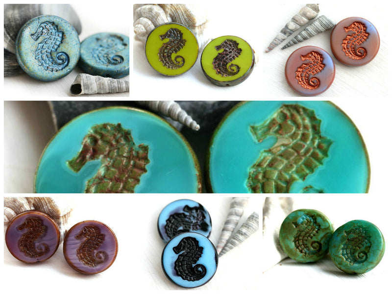 2Pc Seahorse - Mixed Pink Blue Picasso czech glass beads - 23mm