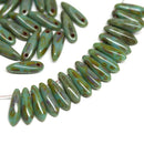 40pc Turquoise green Picasso finish Dagger Czech glass beads - 3x11mm