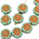 12mm Turquoise green Pansy flower Czech glass beads - 10pc
