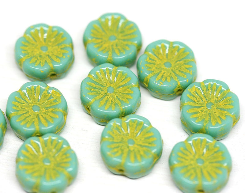 12mm Turquoise green Pansy flower Czech glass beads - 10pс