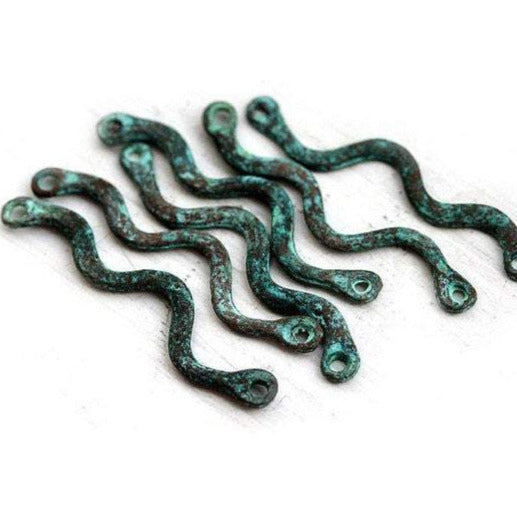 35mm Long Wavy connector links Green patina copper 6Pc