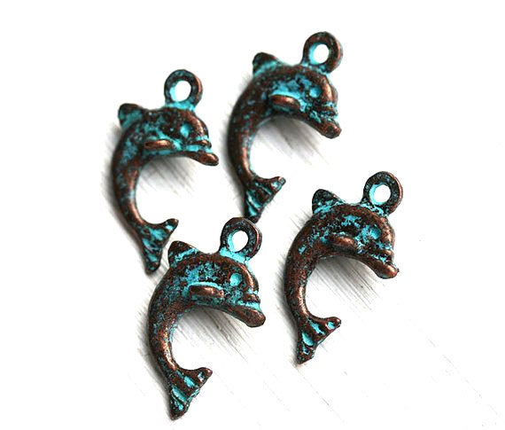 4pc Dolphin charms 21mm, Green patina